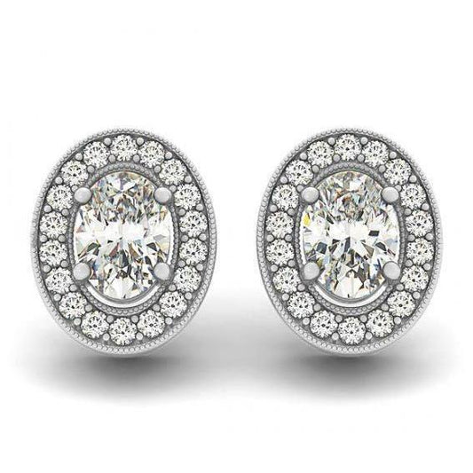 Paio Di Orecchini A Lobo Con Genuino Diamanti Ovali Da 1.86 Carati In Oro Bianco 14K