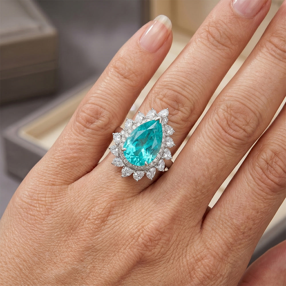 Paraiba Neon Anello con Pavé Halo – Purezza VVS 6,50 carati Oro