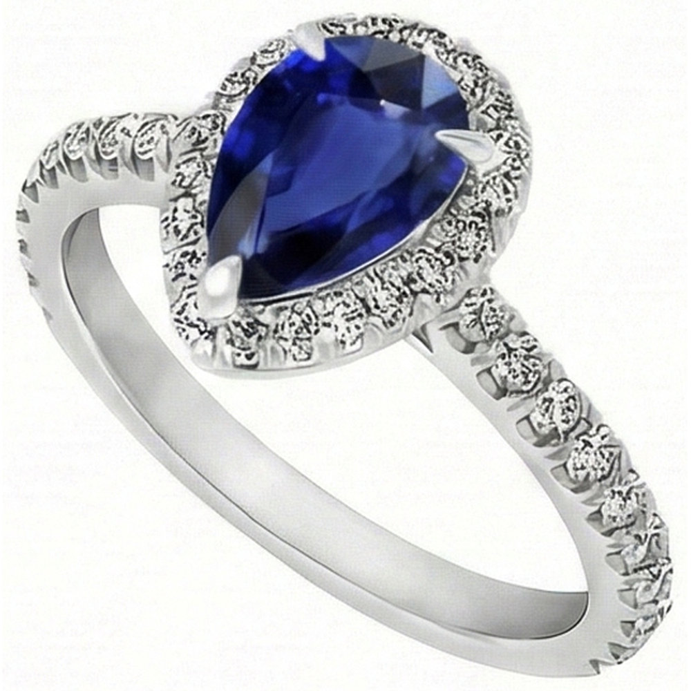 Taglio a Pera Zaffiro Blu anello in Oro Bianco 14K – vista laterale