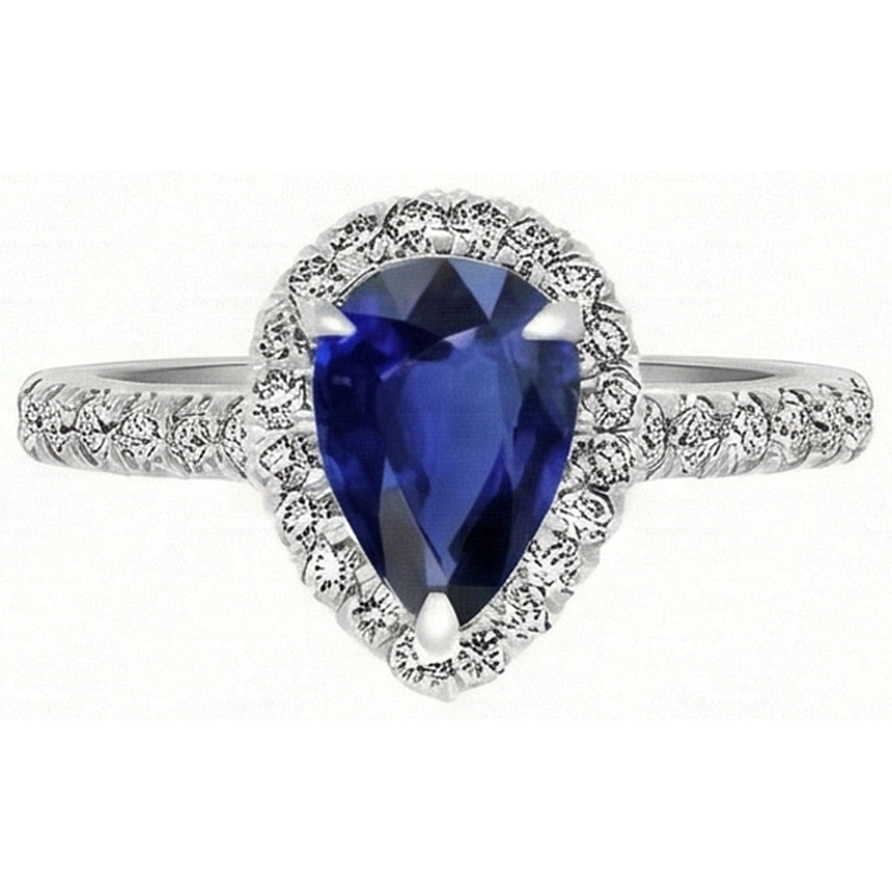 Taglio a Pera Zaffiro Blu anello in Oro Bianco 14K – vista frontale