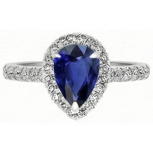 Taglio a Pera Zaffiro Blu anello in Oro Bianco 14K – vista frontale