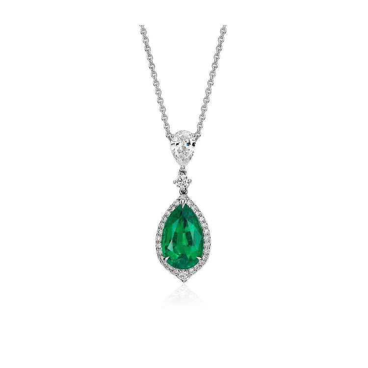 Pendente a forma di pera con Verde smeraldo e diamanti in oro bianco 8.50 carati 14K