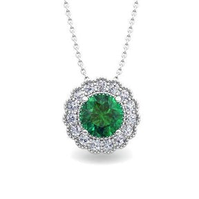 Pendente con pendente rotondo in oro bianco 14K . con Verde smeraldo e diamanti incastonati da 6.75 carati