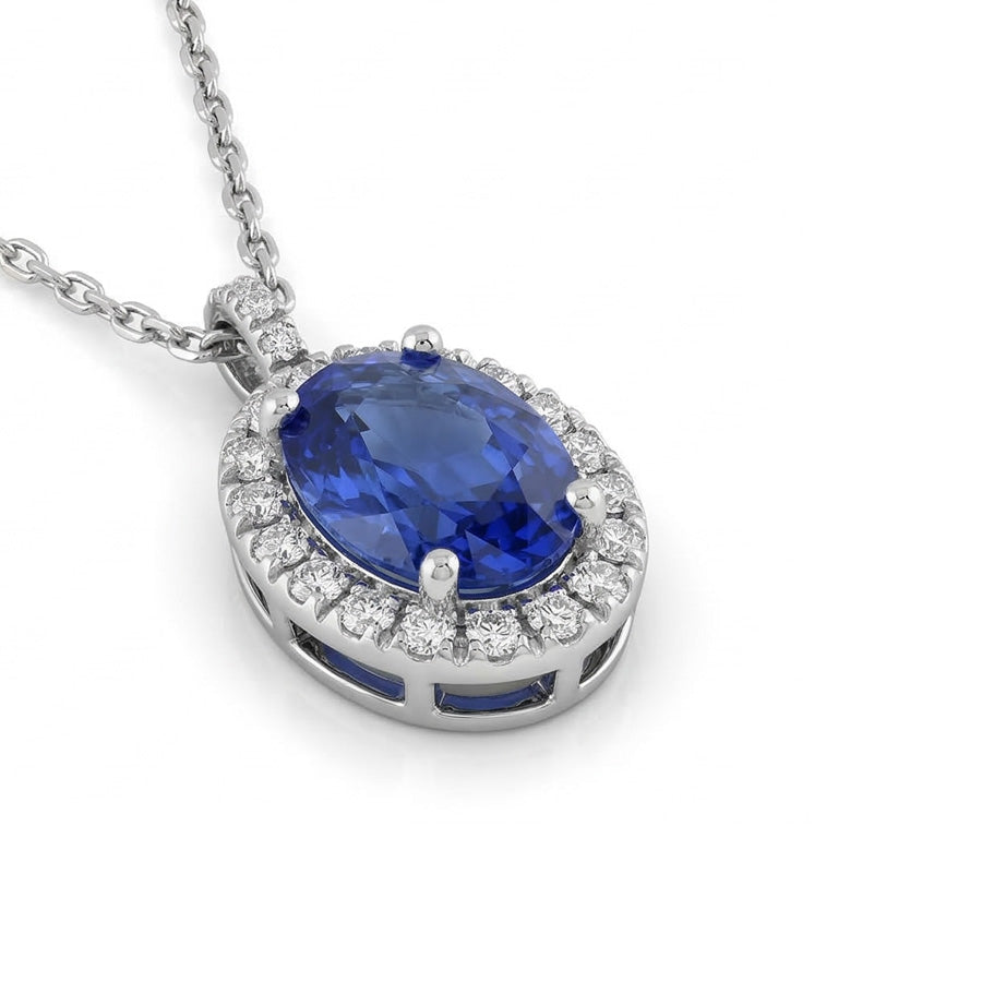 Pendente con zaffiro blu 3,70 carati e diamanti in oro bianco 14 carati