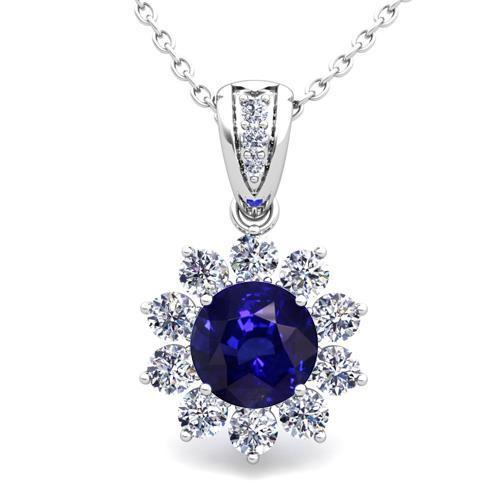 Ciondolo in zaffiro blu di Ceylon in oro bianco 14k gioielli con diamanti 3 ct. - harrychadent.it