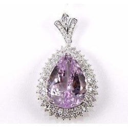 Pendente in oro rosa 14K con kunzite rosa taglio pera e diamanti rotondi da 21.50 ct