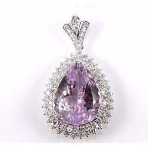 Pendente in oro rosa 14 kt con kunzite rosa taglio pera e diamanti rotondi da 21.50 ct - harrychadent.it