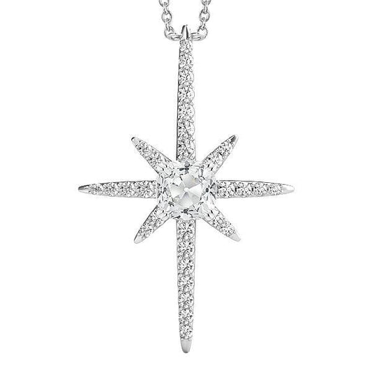 Pendente A Croce Con Cuscino Da 3 Carati E Naturale Diamante Tondo Old Miner In Oro Bianco 14K