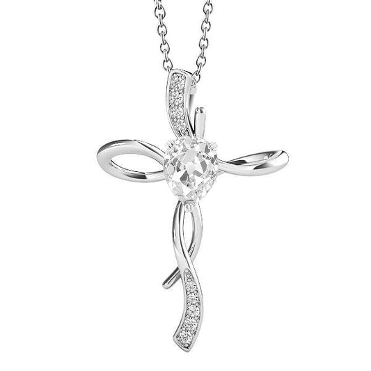 Pendente A Croce Con Pera Da 2 Carati E Naturale Diamante A Taglio Tondo Old Miner In Oro Bianco 14K