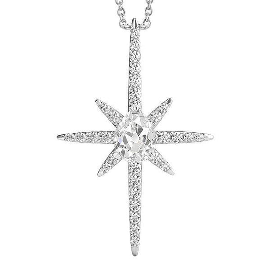 Pendente A Croce Con Pera Da 2,50 Carati E Vero Diamante Tondo E Vecchio Minatore In Oro Bianco 14K