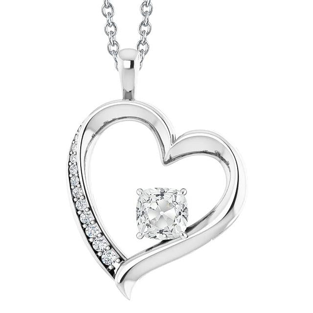 Pendente A Forma Di Cuore Con Cuscino Da 2,50 Ct E Naturale Diamante Tondo Old Miner In Oro Bianco 14K