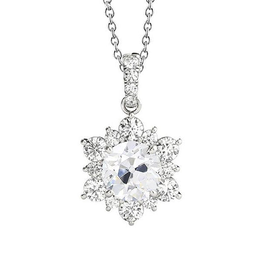 Pendente A Forma Di Fiore Antico Con Genuino Diamante A Taglio Rotondo Da 3 Carati Con Oro Bianco 14K