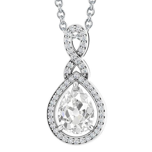 Pendente A Forma Di Pera Con Vecchia Miniera Di Naturale Diamanti Taglio Pera Da 5 Carati In Oro Bianco 14K