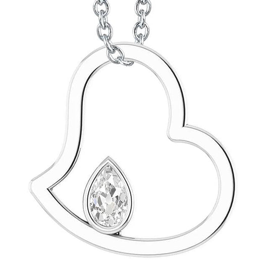Pendente Antico A Forma Di Cuore Con Castone Di Genuino Diamanti Taglio Pera Da 1 Carato In Oro Bianco 14K