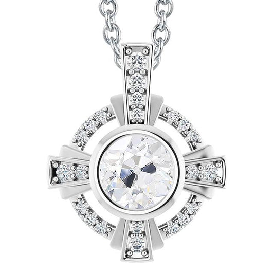 Pendente Antico Con Castone Di Genuino Diamanti Taglio Rotondo 4 Carati In Oro Bianco 14K