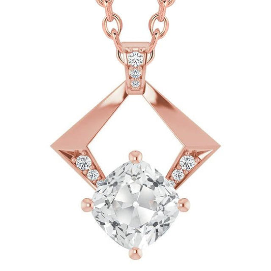 Pendente Antico Con Cuscino Da 6 Carati E Naturale Diamante A Taglio Rotondo Da Donna In Oro Rosa 14K