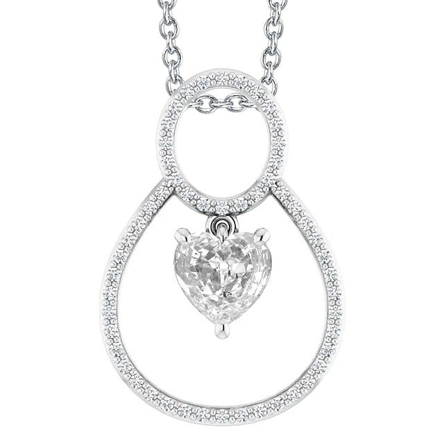Pendente Antico Da Donna Con Cuore Da 3,50 Carati E Naturale Diamanti Taglio Rotondo In Oro Bianco 14K