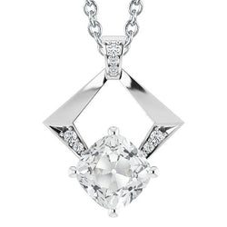 Pendente Antico Da Donna Con Cuscino Da 6 Carati E Naturale Diamante A Taglio Rotondo In Oro Bianco 14K