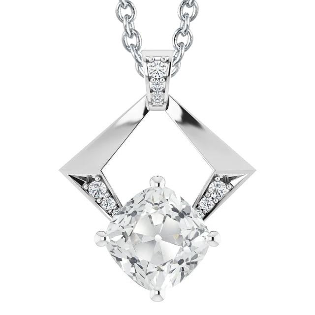 Pendente Antico Da Donna Con Cuscino Da 6 Carati E Naturale Diamante A Taglio Rotondo In Oro Bianco 14K