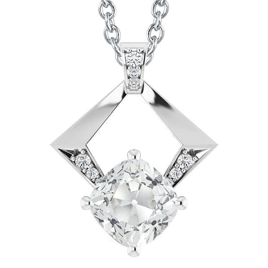 Pendente Antico Da Donna Con Cuscino Da 6 Carati E Naturale Diamante A Taglio Rotondo In Oro Bianco 14K