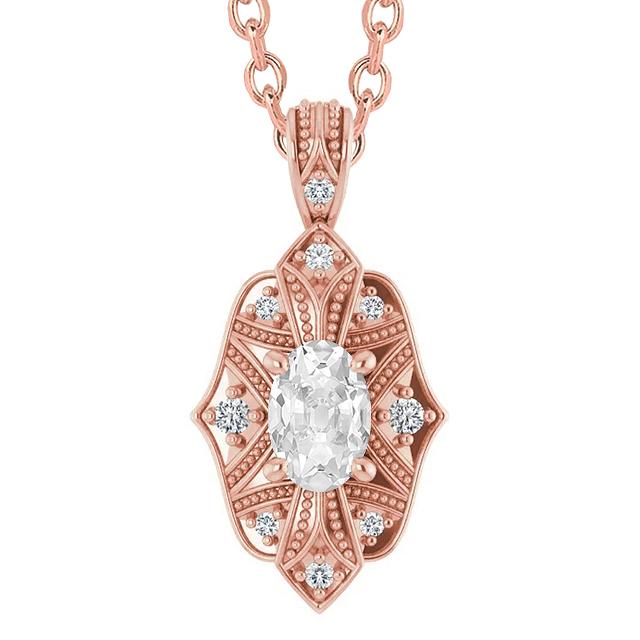 Pendente Con 3 Carati Ovale E Naturale Diamante Tondo Vecchia Miniera In Catena In Oro Rosa 14K