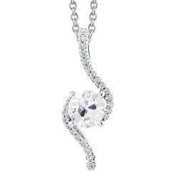 Pendente Con 3 Carati Vero Diamante Tondo Vecchio Minatore In Oro Bianco 14K Con Catena