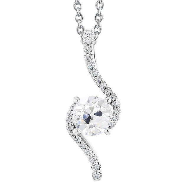 Pendente Con 3 Carati Vero Diamante Tondo Vecchio Minatore In Oro Bianco 14K Con Catena