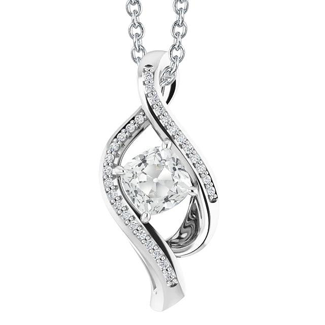 Pendente Con Cuscino Da 3,50 Carati E Vero Diamante Vecchio Minatore Taglio Rotondo In Oro Bianco 14K