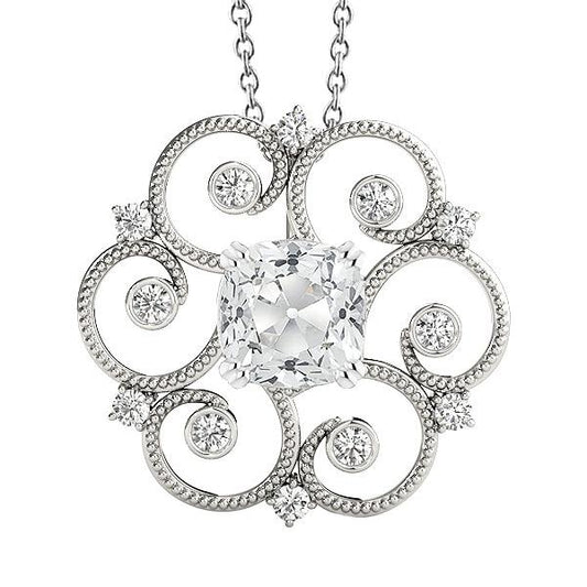 Pendente Con Cuscino Da 5,50 Ct E Vero Diamanti Tondi Old Miner Stile Vintage In Oro Bianco 14K