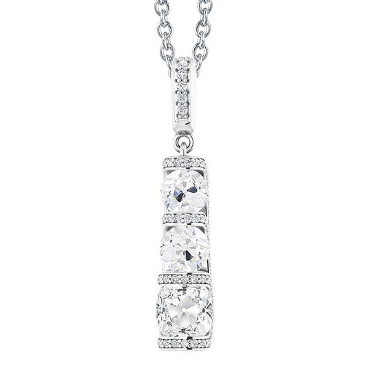 Pendente Con Genuino Diamante Cuscino Da 5 Carati 3 Pietre Old Miner Style In Oro Bianco 14K