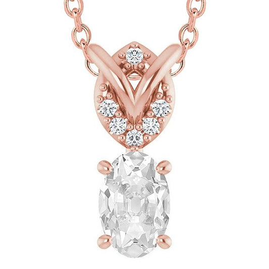 Pendente Con Genuino Diamante Da 5,50 Carati Ovale E Taglio Rotondo In Oro Rosa Antico 14K