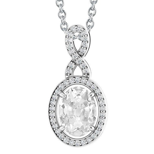 Pendente Con Genuino Diamante Da Minatore Ovale 5 Carati E Tondo In Oro Bianco 14K
