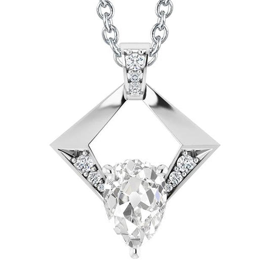Pendente Con Genuino Diamanti Taglio Pera Da 3,50 Carati Old Mine In Gioielli In Oro Bianco 14K