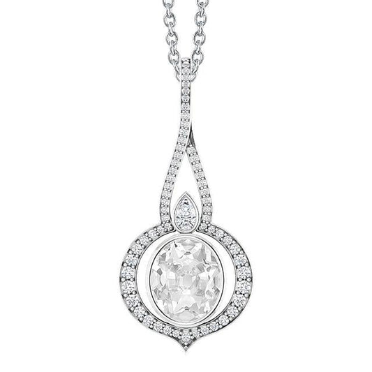 Pendente Con Lunetta Old In Genuino Diamanti Taglio Ovale Da 3,50 Carati In Oro Bianco 14K