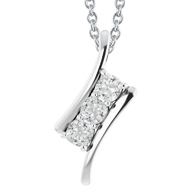 Pendente Con Naturale Diamante Cuscino 4,50 Carati 3 Pietre Old Miner In Oro Bianco 14K