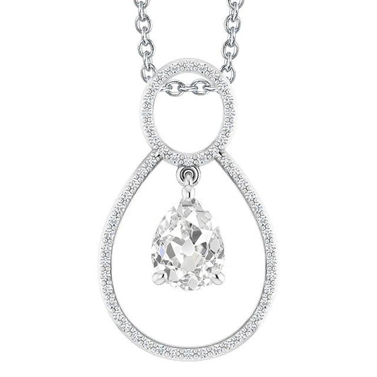 Pendente Con Pera Da 3,50 Carati E Genuino Diamanti Round, Vecchio Minatore In Oro Bianco 14K