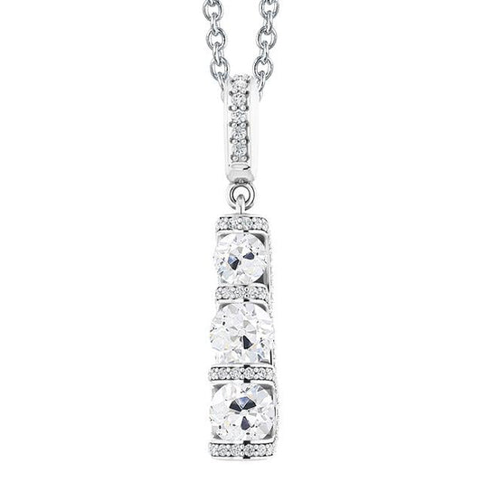 Pendente Con Vero Diamante Tondo Da 4,50 Carati 3 Pietre Old Miner Style In Oro Bianco 14K