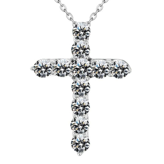 Pendente Croce Con Vero Diamante Rotondo 5,75 Carati E Catena In Oro Bianco 14K