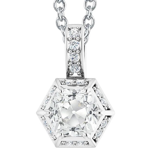 Pendente Halo Antico Con Cuscino Da 7,50 Carati E Naturale Diamante A Taglio Rotondo In Oro Bianco 14K
