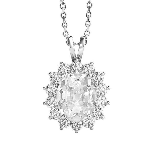 Pendente Halo Con 5 Carati Di Naturale Diamanti Tondi E Pera E Oro Bianco 14K Con Castone Da Minatore Antico