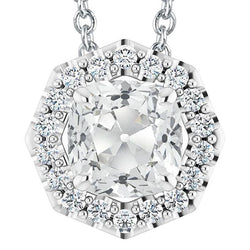 Pendente Halo Con Cuscino Da 7,50 Carati E Vecchia Miniera Di Genuino Diamanti A Taglio Rotondo In Oro Bianco 14K