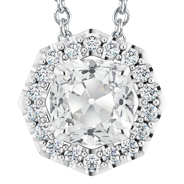 Pendente Halo Con Cuscino Da 7,50 Carati E Vecchia Miniera Di Genuino Diamanti A Taglio Rotondo In Oro Bianco 14K