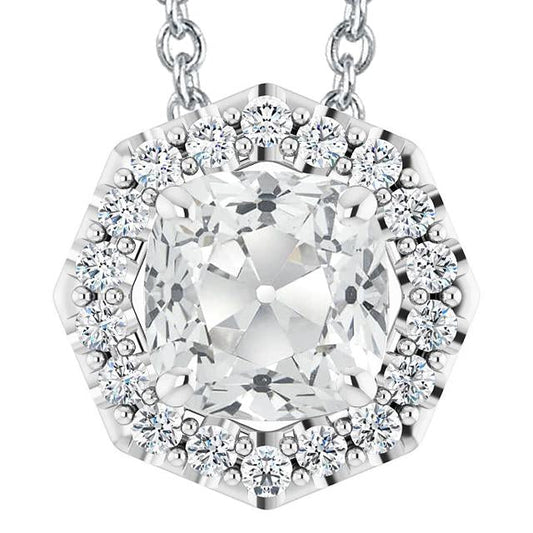 Pendente Halo Con Cuscino Da 7,50 Carati E Vecchia Miniera Di Genuino Diamanti A Taglio Rotondo In Oro Bianco 14K