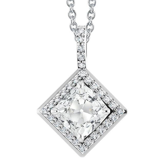 Pendente Halo Con Cuscino Da 7,50 Carati E Vero Diamante Rotondo E Catena Per Cuscino Da Minatore Antico In Oro Bianco 14K
