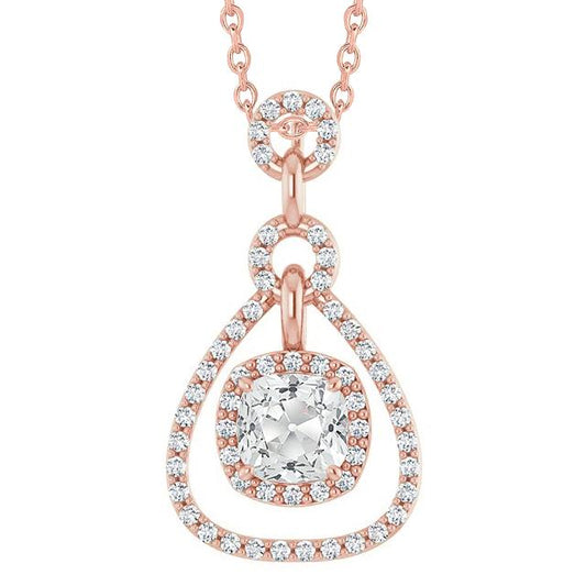 Pendente Halo Con Cuscino Da Minatore Tondo Di Vero Diamante Tondo 4 Carati In Oro Rosa 14K