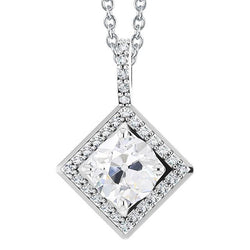 Pendente Halo Con Genuino Diamante Antico Taglio Rotondo Da 4,50 Carati Con Catena In Oro Bianco 14K