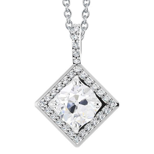 Pendente Halo Con Genuino Diamante Antico Taglio Rotondo Da 4,50 Carati Con Catena In Oro Bianco 14K