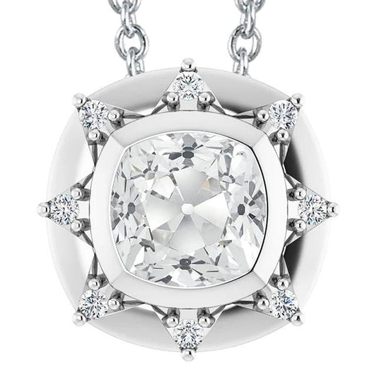 Pendente Halo Con Genuino Diamante Cuscino Da 6,50 Carati Lunetta Old Miner In Oro Bianco 14K