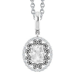 Pendente Halo Con Genuino Diamante Ovale 3 Carati Taglio Miniera Con Catena In Oro Bianco 14K