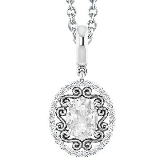 Pendente Halo Con Genuino Diamante Ovale 3 Carati Taglio Miniera Con Catena In Oro Bianco 14K